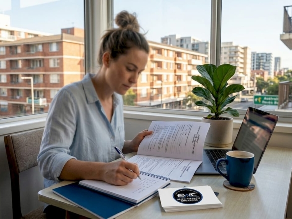 Woman reviewing strata property paperwork in apartment