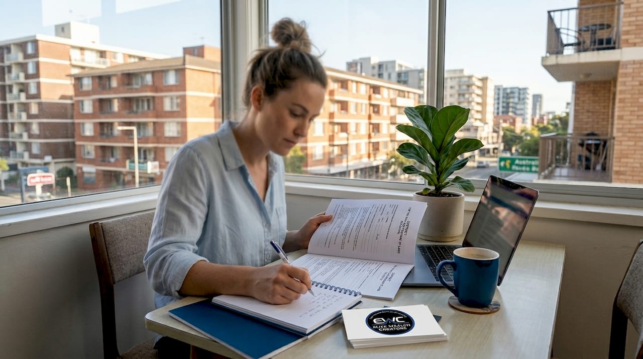 Woman reviewing strata property paperwork in apartment