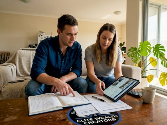 Couple reviewing rentvesting documents at home