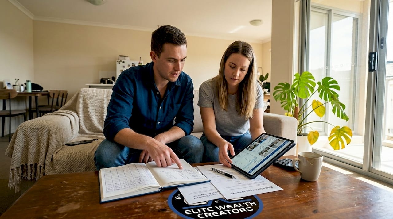 Couple reviewing rentvesting documents at home