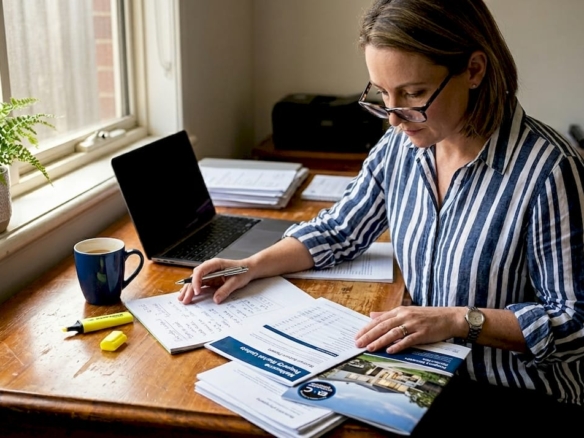 Woman reviewing real estate reports in home office