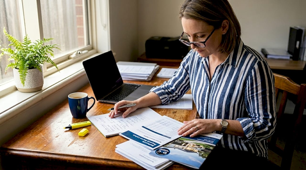 Woman reviewing real estate reports in home office