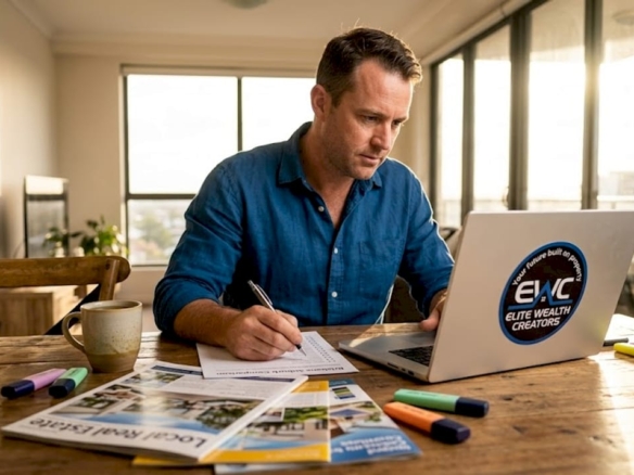 Man researching property locations at home office