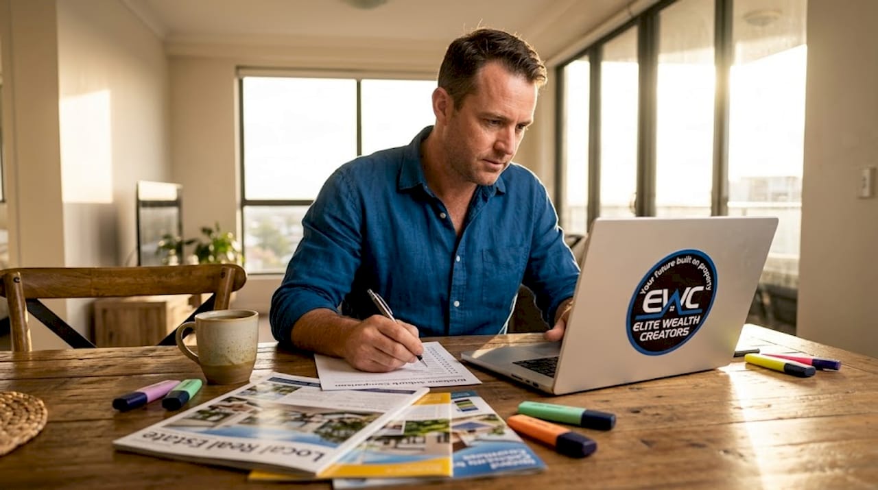 Man researching property locations at home office