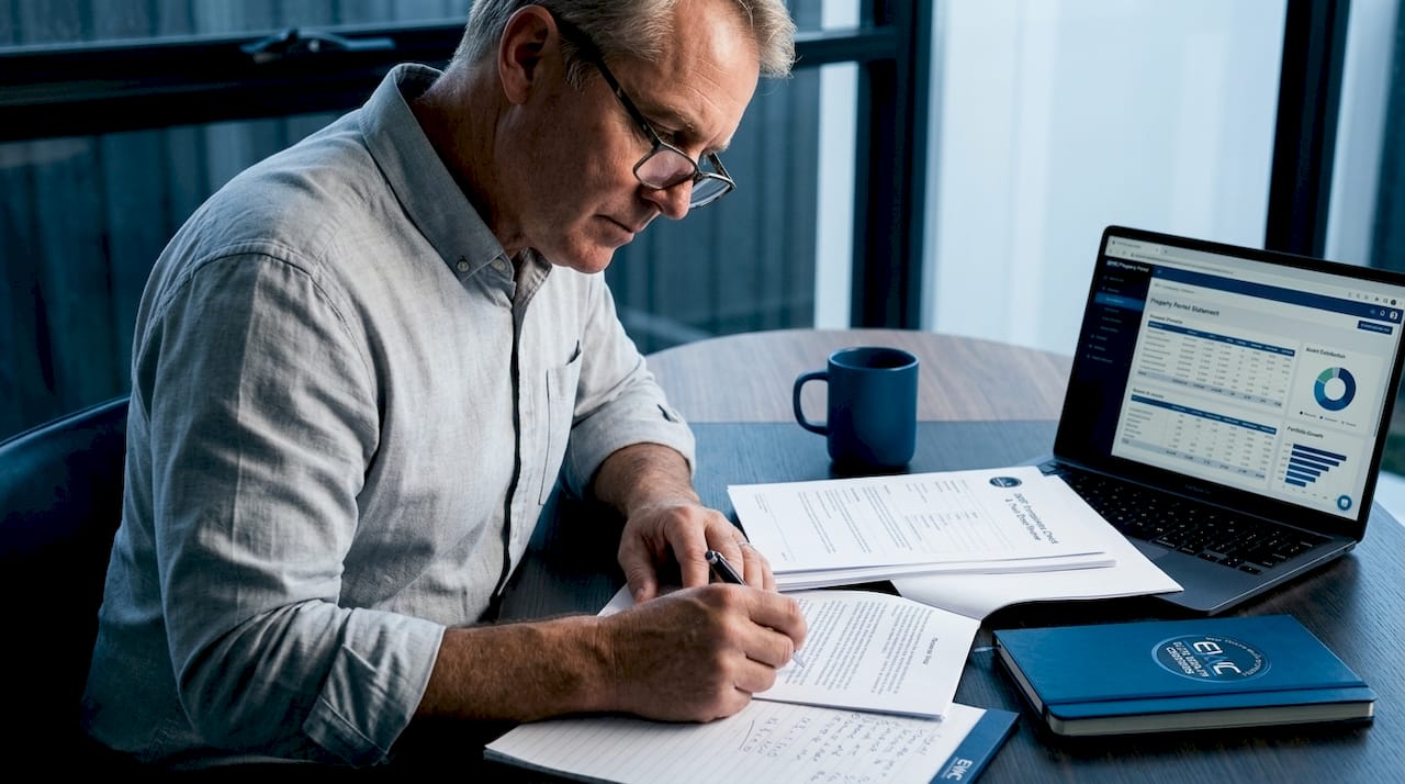 Man reviewing SMSF property documents at home