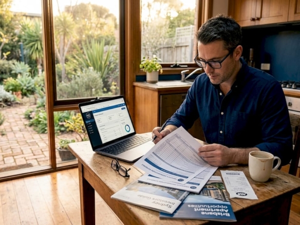 Investor reviewing property depreciation documents at a home table.
