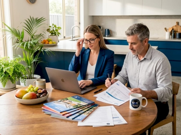 Investors reviewing real estate documents at dining table