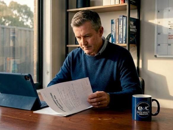 Investor reading property fund documents in home office
