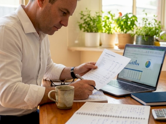 Investor reviewing property income at kitchen table