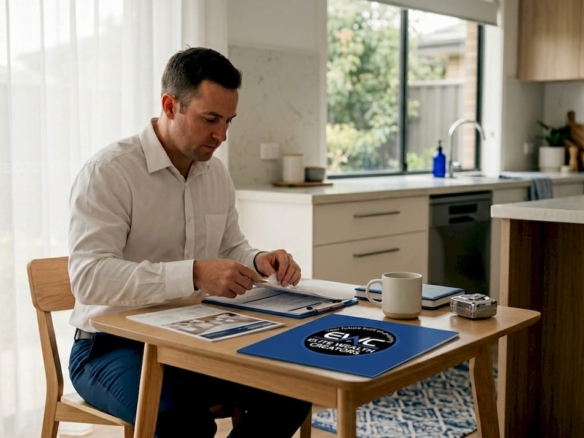 Inspector preparing paperwork at dining table