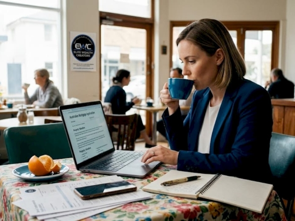 Woman reviewing loan paperwork at kitchen table