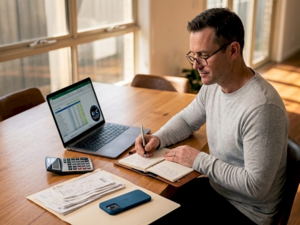 Investor reviewing property rental spreadsheet at home