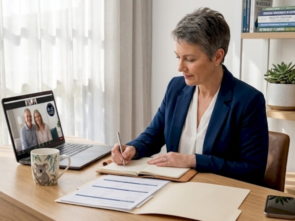 Financial planner video call with clients in home setting