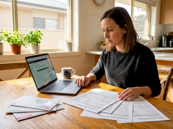 Woman reviewing financial planning documents at home table