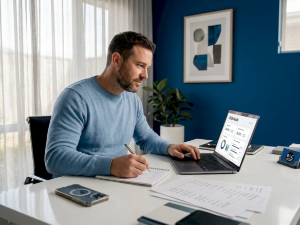 Man documenting investment goals in home office