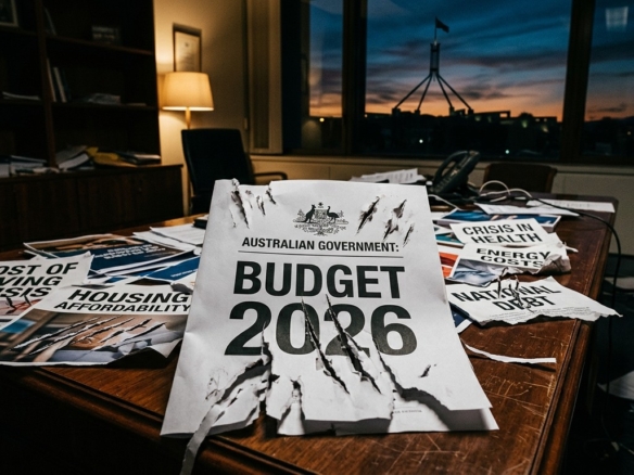 Australian Government Budget 2026 crisis papers on a table in a dim office.