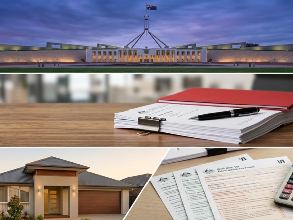 Australian Parliament, paperwork, tax forms and suburban house collage in Australia.