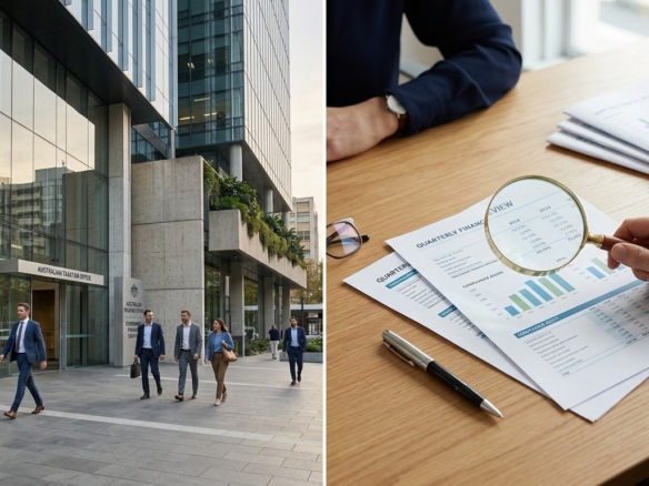 Australian Taxation Office audit review with finance documents and business professionals.