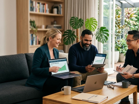 Business team reviewing growth charts in a bright modern living room.