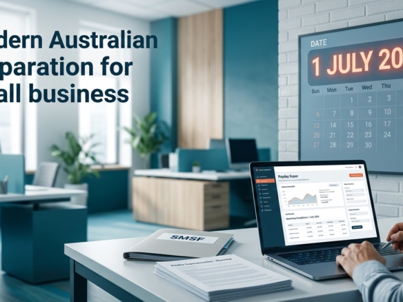 Modern Australian small business preparation with Payday Super dashboard and 1 July 2026 calendar.
