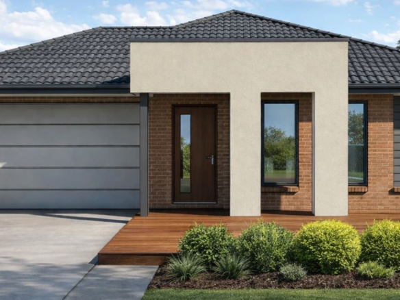 Modern Australian single-storey brick home with double garage, timber deck and landscaped front yard.