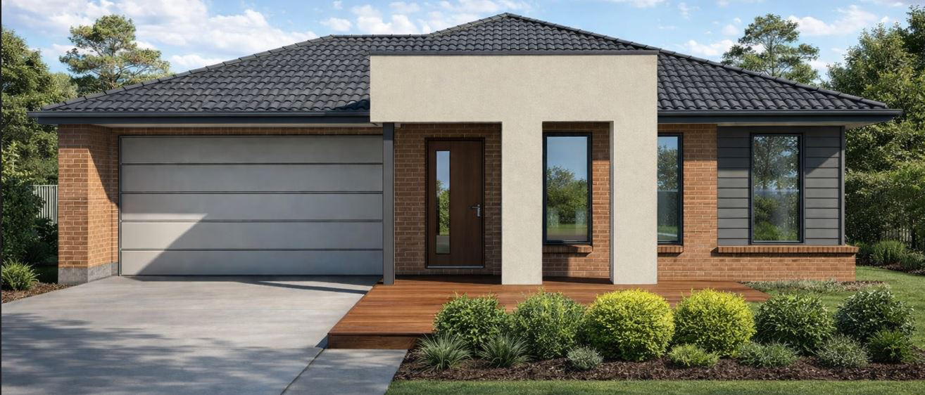 Modern Australian single-storey brick home with double garage, timber deck and landscaped front yard.