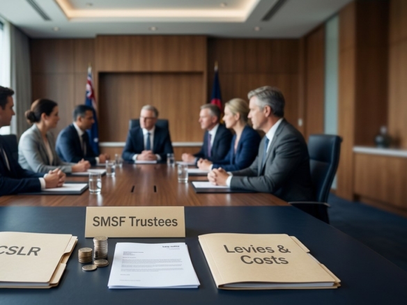 SMSF trustees boardroom meeting discussing CSLR levies, costs and compliance.