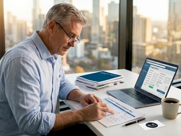 Investor reviewing property investment plan at home office