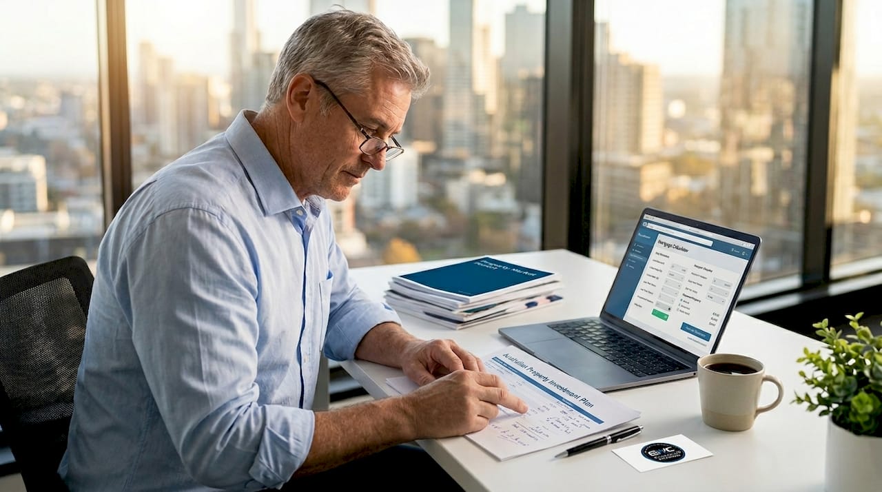 Investor reviewing property investment plan at home office